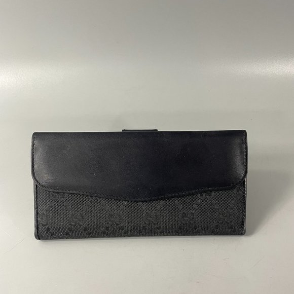 Authentic Vintage Gucci GG Monogram Canvas Black Leather Trim Long Wallet, Black - Picture 2 of 15